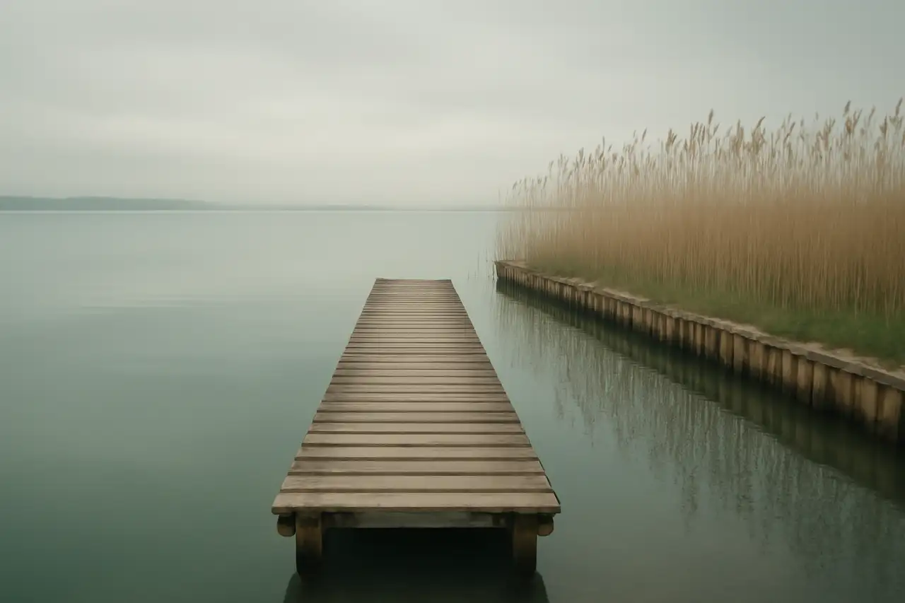 Houten steiger aan rustig water met riet en beschoeiing